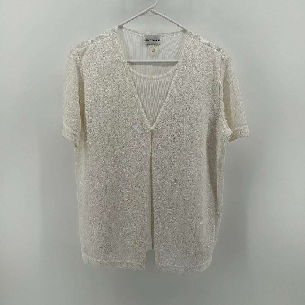 Alice Stuart Ivory Shimmer Pointelle Knit Cardigan Set L Vintage USA Grandmacore
